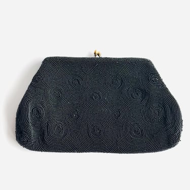 Vintage Belgian black caviar beaded clutch kisslock purse or evenjng bag evening bag made in Belgium circular pattern 