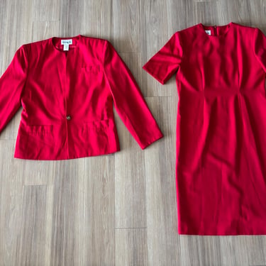 Vintage Henry Lee Suit Red 2 Piece Jacket Dress Set Womens 12 Office Retro 90s 