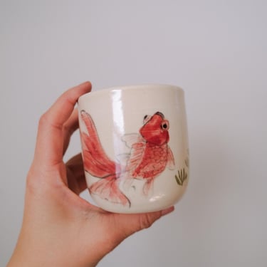 Bamboo Brush Painted Ceramic Mug // Red Goldfish 