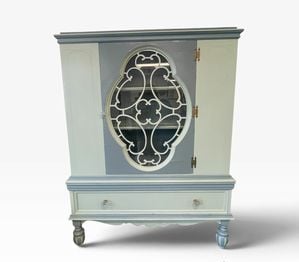 Painted Jacobean china cabinet, blue/sage, 67.5H. 47W. 15D.