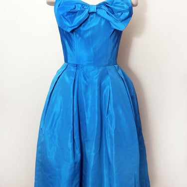 50's Blue Party Prom Evening Gown, Fit & Flare Tea Length Vintage Dress by Lorrie Deb, Tulle Petticoat, Taffeta, 1950's Big Bow Formal 