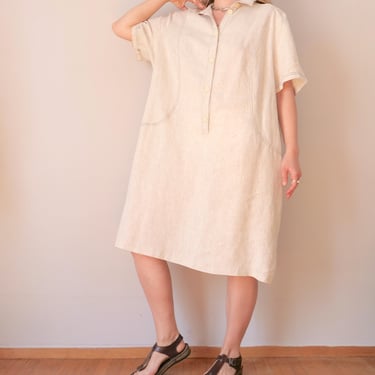 Vintage Linen Dress: Wheat Beige Cottagecore A-Line (L/XL) 