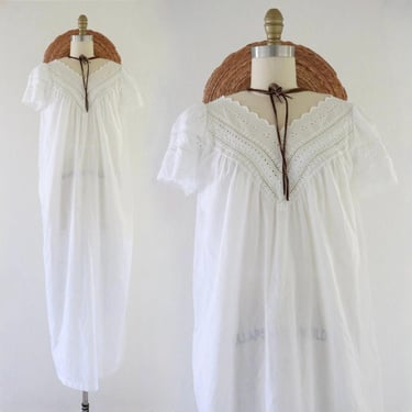 eyelet white on white gown - l - vintage 70s 1970s embroidered long maxi summer sun sheer cute cottage cottagecore large dress 