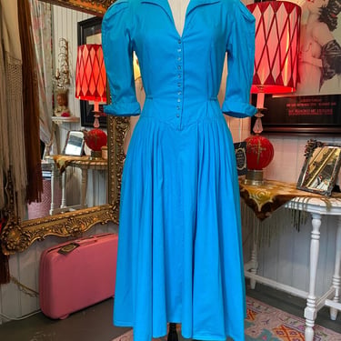 vintage 1980s turquoise cotton dress fit and flare puff sleeves 80s fashion med 