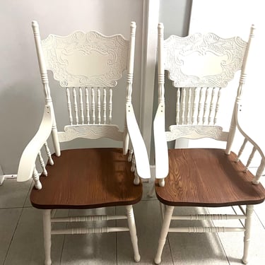 Antique White Painted Farmhouse Chairs - Shabby Chic Dining Set of 2 
