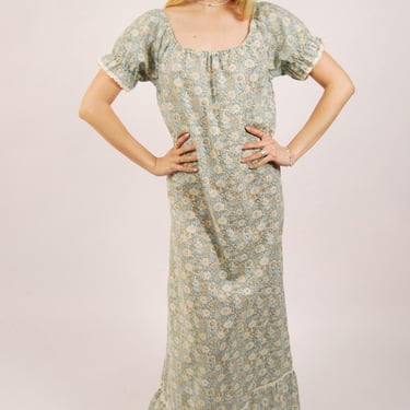 70s Floral Maxi Dress (L) large blue beige vintage 