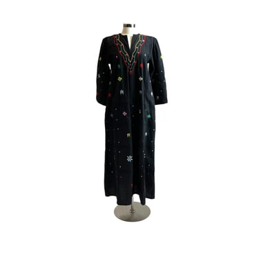 Vintage Ramona Rull Black Floral Embroidery Mirror Maxi Boho Caftan Wide Sleeve Boho Hippie Cotton Dress Size Medium 