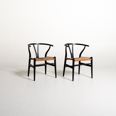 Hans J. Wegner CH24 Wishbone Chairs, Set of 2, 1950s Danish Vintage Chairs, Black Wood & Paper Cord, Mid Century Scandinavian Furniture 