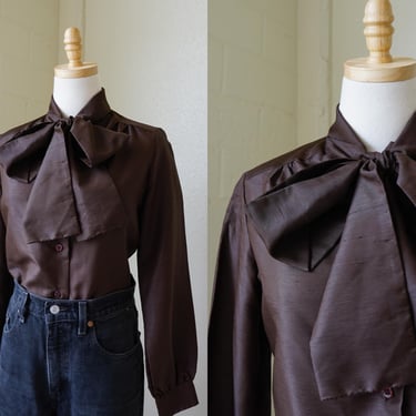 1980s Brown Pussybow Blouse | Button-Up Long Sleeve | Retro Office Workwear | 100% Polyester | Size Medium 