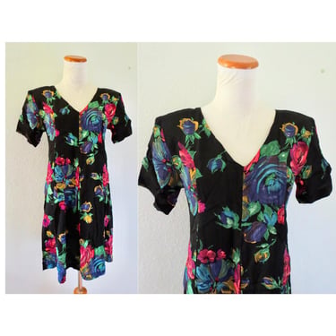 Vintage 90s Floral Mini Dress - Black Flower Print Babydoll Rayon Short Sundress - Size Small 