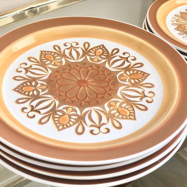 Vintage Stoneware MCM Dinner Plates: Gold & Brown Floral Sunburst 