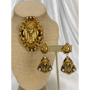 Vintage Joseff of Hollywood Portrait of a Woman Brooch and Clip On Earrings Set 