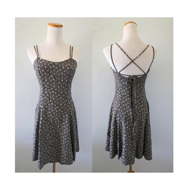Vintage 90s Dress - Black Ditsy Floral Print Mini Sundress - Size Small 