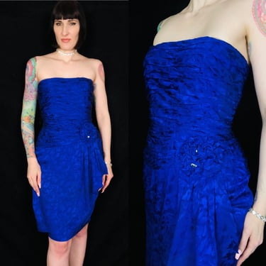 Vintage AJ BARI 1980's Indigo Violet Silk Jacquard Strapless Cocktail Party Dress - size Small 
