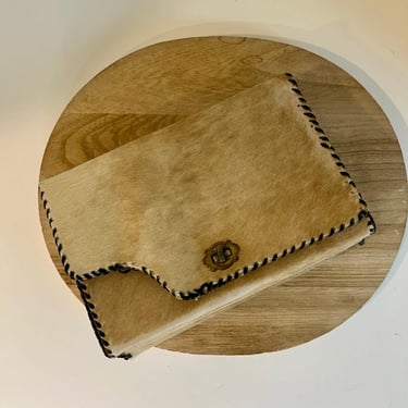 Reversible Handmade Cowhide Calf Hair Tan Genuine Leather Tooled Clutch Bag 