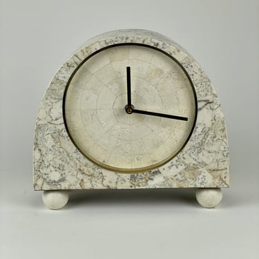Mid-Century Modern Tessellated White Stone & Brass Desk Clock 