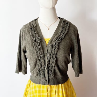 Mossy Ruffle Cardigan • Size M • Olive Green Soft Cotton Blend Cropped Sweater 