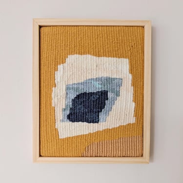 Abstract Wall Weaving / Hanging - Mustard Yellow, Blue - Modern Woven Tapestry in Handmade Wood Frame - Handwoven Weave - Textile Art 