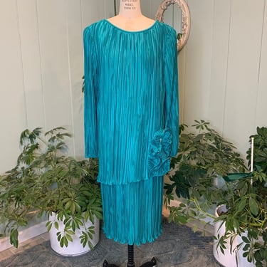 Vintage 1980s Teal Accordion Pleat Formal Dress Rhinestone Decorative Bow After Dark 