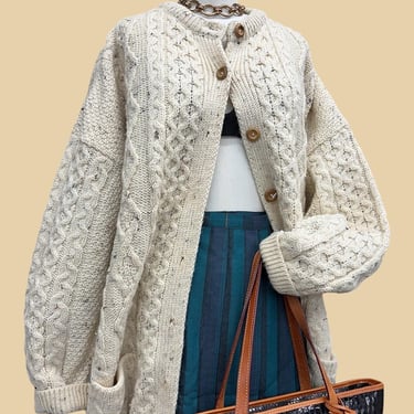 Vintage Fisherman Cardigan 1980s Retro Unisex + Oversized Size XL + Cream + Irish + Pure New Wool + Cable-Knit + Button Front + L/S 