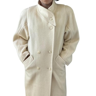 Vintage 1980s Womens White Wool Double Breasted Trench Coat Made in USA Sz M 
