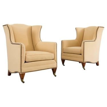 Pair of Henredon Butter Upholstered Wingback Club Chairs