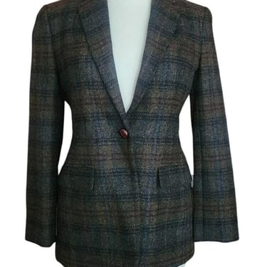 Vintage 1990s Ralph Lauren Green Plaid Wool Blazer Tailored Jacket 6P Dark Academia Equestrian 