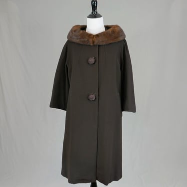 60s Brown Fur Collar Coat - Frances Shop, South Bend - Vintage 1960s - L XL 