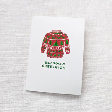 Christmas Sweater Greeting Card, Block Printed/Hand Painted 5x7 inch Greeting Card in Red and Green, Blank Inside 