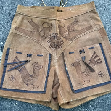 Vintage 70s Rawhide Leather Hot Pants: Handmade Mexican Hand-Burned Shorts 