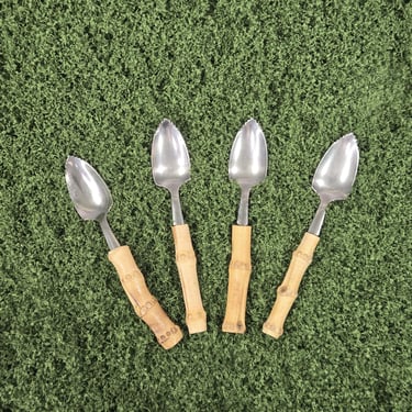 Vintage Bamboo Handle Grapefruit Spoons - Serrated Stainless Steel Japan - Set of 4 