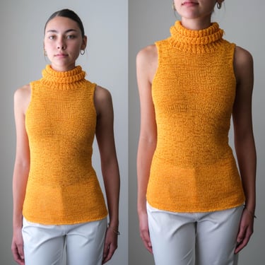 Vintage Y2K Tangerine Knit Turtleneck Sweater Tank Top | Y2K 2000s Vintage Designer Sweater Knit Top Blouse 