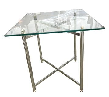 Mid-century clear glass top dining table w/polished metal x-base stretcher