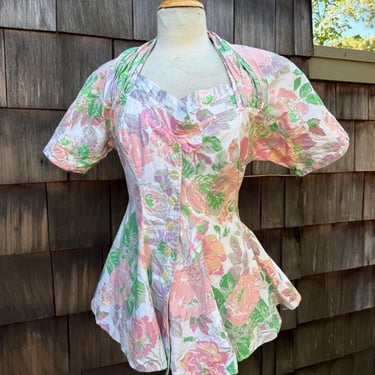 Vintage Foxy Lady floral pastels peplum top blouse cotton sz 8. 