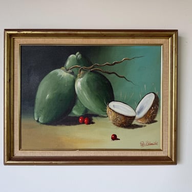 1980’s Vintage G. H. Grande Coconut - Still Life Oil Painting on Canvas, Framed 