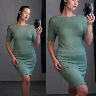 Vintage 80s FRENCH RAGS Seafoam Green Rayon Knit Matching Blouse & Skirt Set | Made in USA | 100% Rayon | 1980s Designer Two Piece Set 