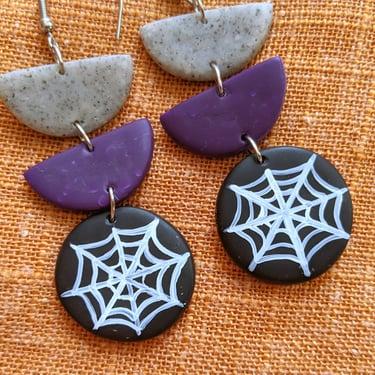 Cobweb Dangle Earring, Handmade Polymer Clay Jewelry, Earrings for Halloween, 2 inch Long Dangle Earrings With Stainless Steel Ear Wire 