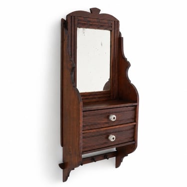 Antique Oak Hall Mirror with Drawers & Hooks – Wall Cabinet Entryway Organizer 