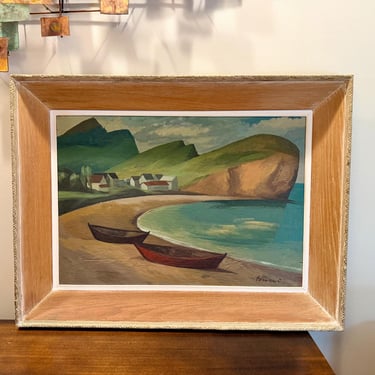 Vintage Percé Rock Coastal Oil Painting - Mid Century Landscape 35” x 28” 