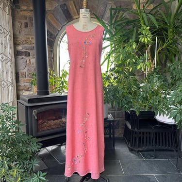 Vintage 1990s Salmon Embroidered Sleeveless Dress with Back Tie Clinicue 