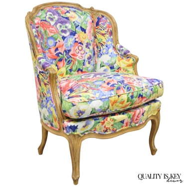 Vintage French Louis XV Country Provincial Floral Chintz Bergere Lounge Chair