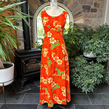 Vintage 1970s Orange Floral Hawaiian Cotton Maxi Dress Royal Hawaiian 