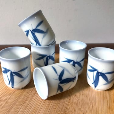Vintage Japan Blue Bamboo Yunomi Ceramic Teacups | Gongfu Cha Tea Ceremony Scent Cup | Asian Baijiu Sake Shot Glass Ochoko Drink | Set of 6 