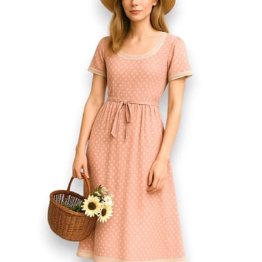 Vintage 1980s Jamie Brooke Pink Polka Dot Rayon Maxi Dress, Short Sleeve Maxi, Waist Tie Cottagecore Prairie Romantic, Size 10 Retro 