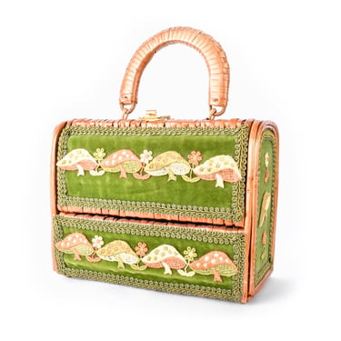 Vintage 1970s Embroidered Mushroom Wicker Box Purse 