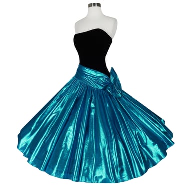 Vintage 80s Blue Metallic Lamé Foil Full Circle Skirt Strapless Black Velvet Prom Gown Party Dress Bow Zum Zum Glam Best Queen Turquoise 