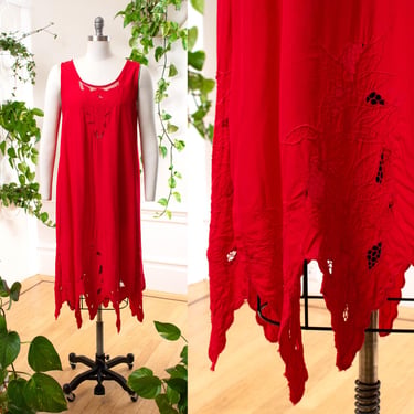 Vintage 1980s Sundress | 80s Red Cutwork Rayon Sleeveless Hawaiian Floral Embroidered Summer Beach Zig Zag Hem Day Dress | medium 