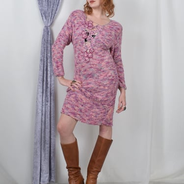 Vintage 1980s Dress / 80s Nubbly Knit Cutout Sweater Dress / Pink ( S M L ) 
