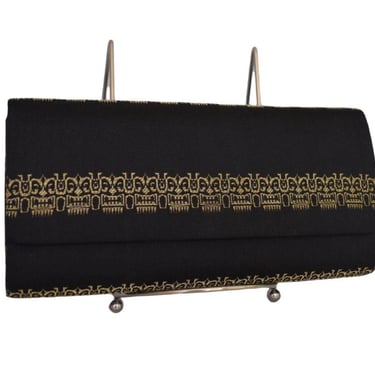 Vintage 60s Tatsumari Clutch Purse, Black Silk with Metallic Gold Kabuki Figures, Made in Japan, New in Box 