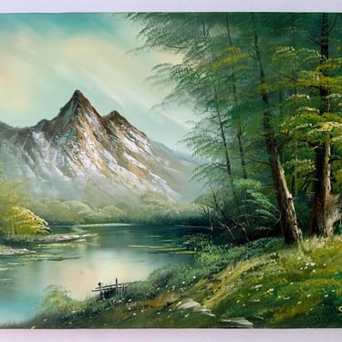 60's Oil Painting Signed vintage Mountains Lake Outdoor scenery Mid century Green Landscape 
